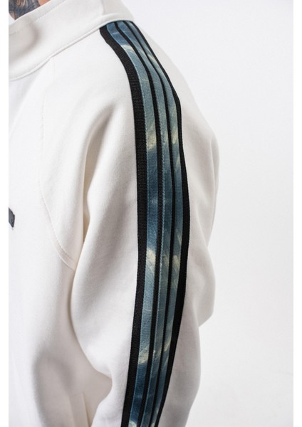 Erkek Dark Striped Şerit Detaylı Dik Yaka Doubleface Zip Oversize Sweatshirt Ekru indirimleri