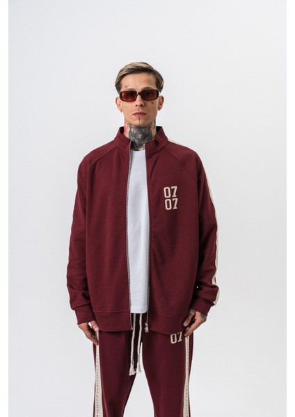 Erkek 7 Şerit Detaylı Dik Yaka Doubleface Zip Oversize Sweatshirt Bordo