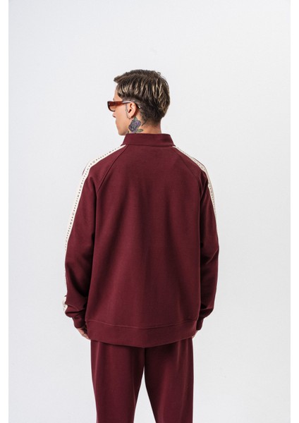 Erkek 7 Şerit Detaylı Dik Yaka Doubleface Zip Oversize Sweatshirt Bordo modelleri