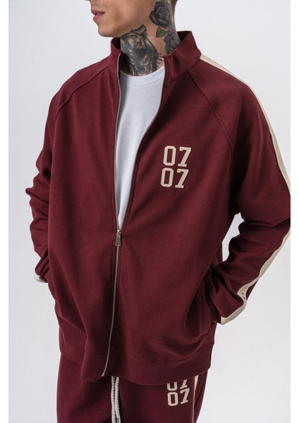 Erkek 7 Şerit Detaylı Dik Yaka Doubleface Zip Oversize Sweatshirt Bordo fırsatları