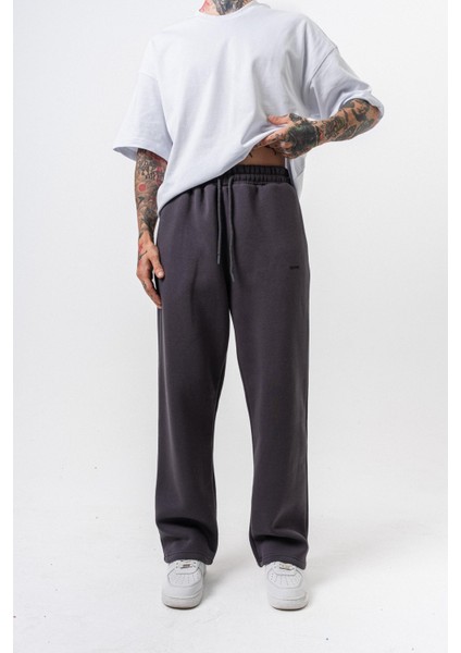 Erkek Respire Yazı Detaylı Basic Baggy Eşofman Altı Füme