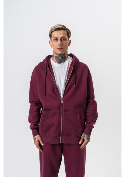 Erkek Respire Yazı Detaylı Kapüşonlu Basic Zip Oversize Hoodie Vişne