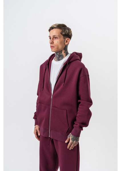 Erkek Respire Yazı Detaylı Kapüşonlu Basic Zip Oversize Hoodie Vişne fiyatları