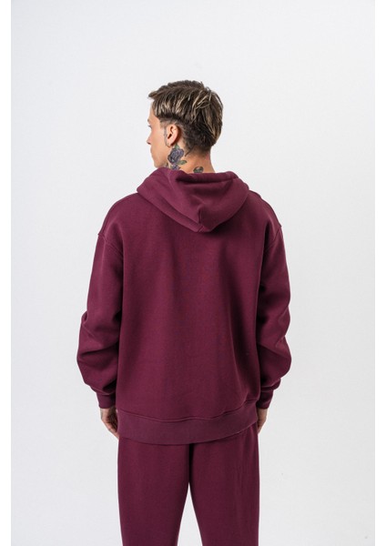 Erkek Respire Yazı Detaylı Kapüşonlu Basic Zip Oversize Hoodie Vişne modelleri