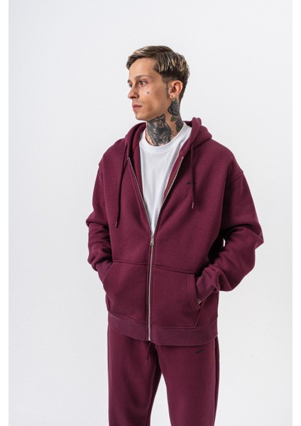 Erkek Respire Yazı Detaylı Kapüşonlu Basic Zip Oversize Hoodie Vişne fırsatları