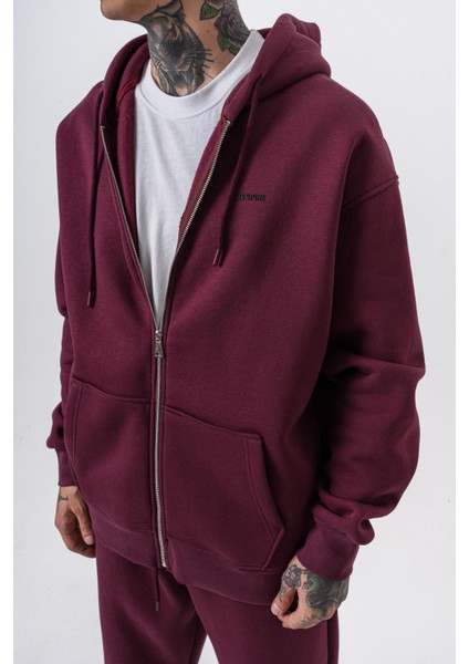 Erkek Respire Yazı Detaylı Kapüşonlu Basic Zip Oversize Hoodie Vişne indirimleri