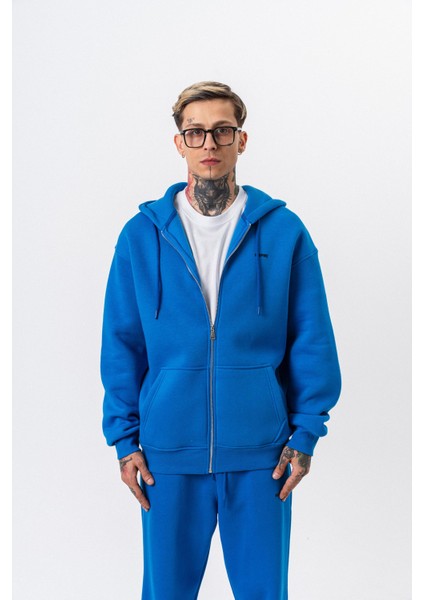Erkek Respire Yazı Detaylı Kapüşonlu Basic Zip Oversize Hoodie Mavi