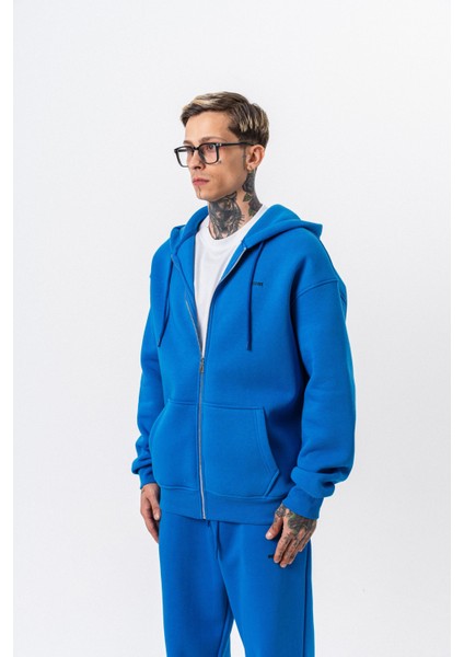Erkek Respire Yazı Detaylı Kapüşonlu Basic Zip Oversize Hoodie Mavi fiyatları