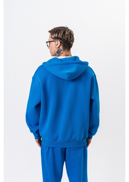 Erkek Respire Yazı Detaylı Kapüşonlu Basic Zip Oversize Hoodie Mavi modelleri