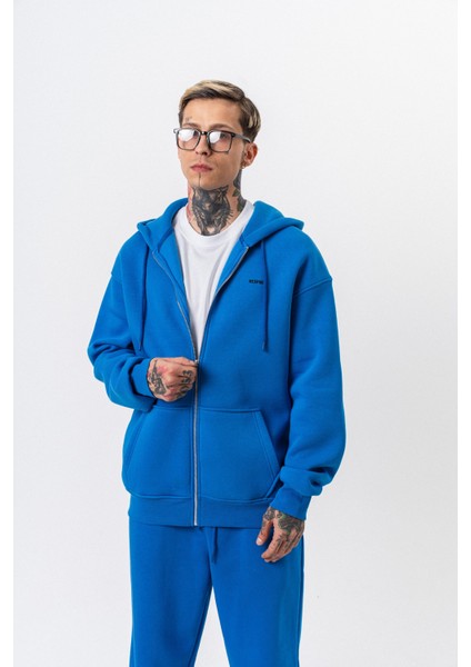 Erkek Respire Yazı Detaylı Kapüşonlu Basic Zip Oversize Hoodie Mavi fırsatları