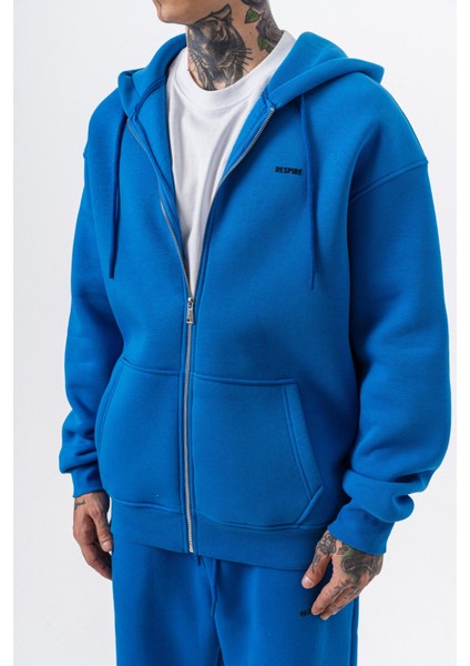 Erkek Respire Yazı Detaylı Kapüşonlu Basic Zip Oversize Hoodie Mavi indirimleri