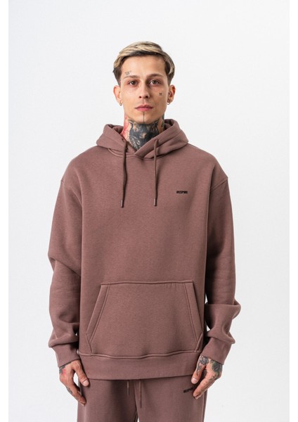 Erkek Respire Yazı Detaylı Kapüşonlu Basic Oversize Hoodie Kakao