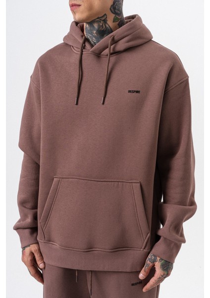 Erkek Respire Yazı Detaylı Kapüşonlu Basic Oversize Hoodie Kakao indirimleri