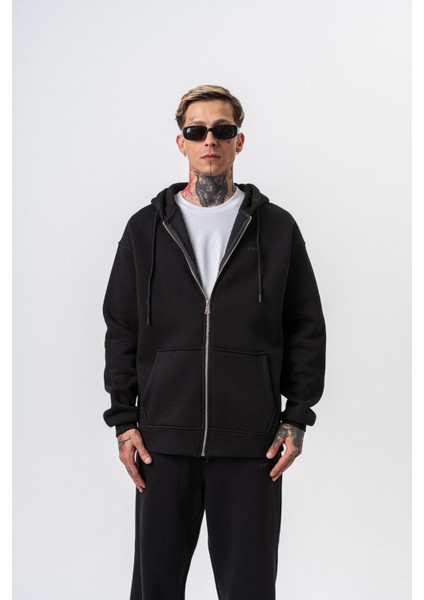 Erkek Respire Yazı Detaylı Kapüşonlu Basic Zip Oversize Hoodie Siyah