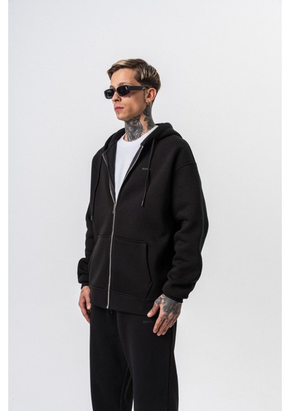 Erkek Respire Yazı Detaylı Kapüşonlu Basic Zip Oversize Hoodie Siyah fiyatları