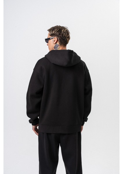 Erkek Respire Yazı Detaylı Kapüşonlu Basic Zip Oversize Hoodie Siyah modelleri