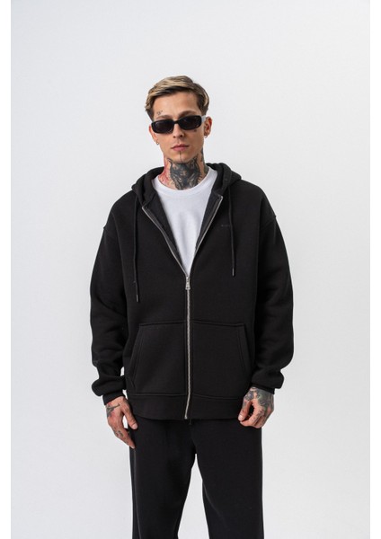 Erkek Respire Yazı Detaylı Kapüşonlu Basic Zip Oversize Hoodie Siyah fırsatları