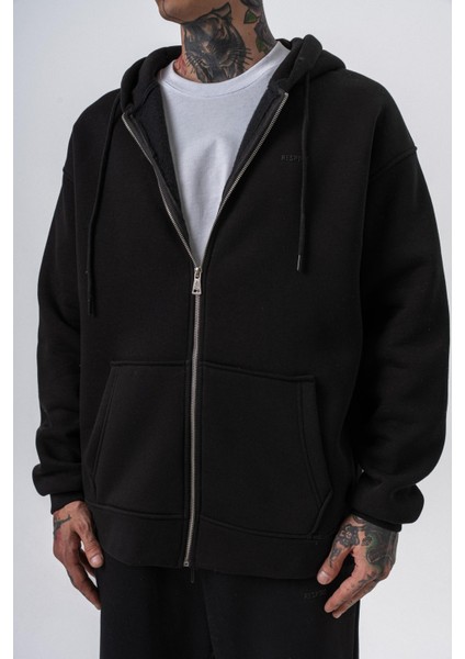 Erkek Respire Yazı Detaylı Kapüşonlu Basic Zip Oversize Hoodie Siyah indirimleri