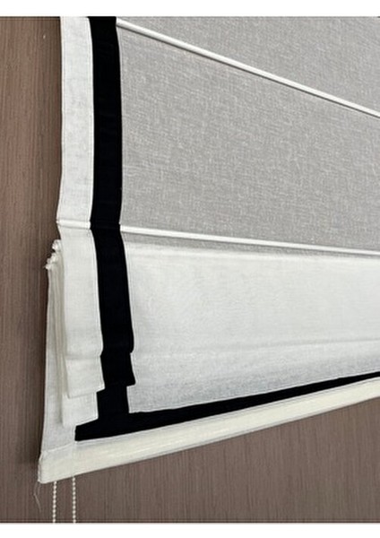 Beyaz Keten Katlamalı Perde Siyah Biyeli Modern Tasarım Kahverengi Renk fırsatları