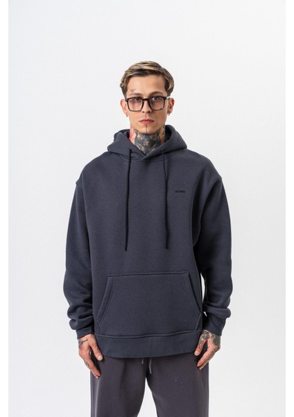 Erkek Respire Yazı Detaylı Kapüşonlu Basic Oversize Hoodie Füme