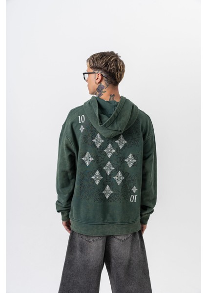 Erkek 10 Baskılı Yıkamalı Kapüşonlu Oversize Hoodie Yeşil