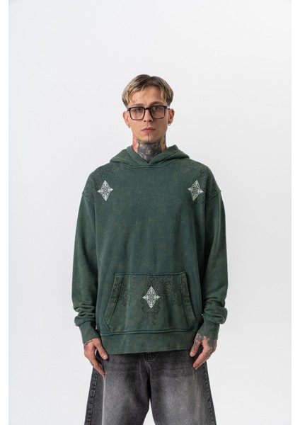 Erkek 10 Baskılı Yıkamalı Kapüşonlu Oversize Hoodie Yeşil fiyatları