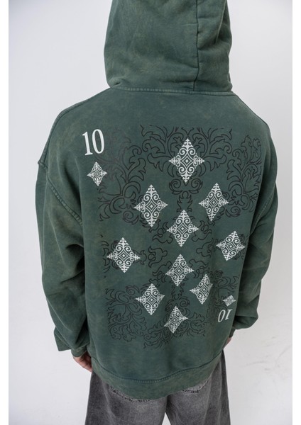 Erkek 10 Baskılı Yıkamalı Kapüşonlu Oversize Hoodie Yeşil fırsatları