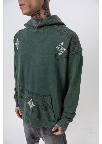 Erkek 10 Baskılı Yıkamalı Kapüşonlu Oversize Hoodie Yeşil indirimleri