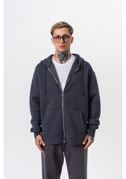 Erkek Respire Yazı Detaylı Kapüşonlu Basic Zip Oversize Hoodie Füme