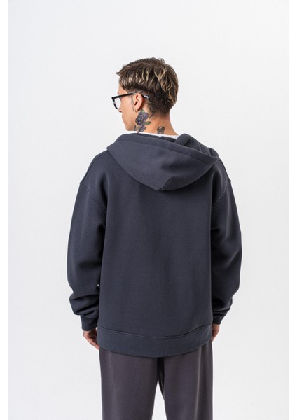 Erkek Respire Yazı Detaylı Kapüşonlu Basic Zip Oversize Hoodie Füme modelleri