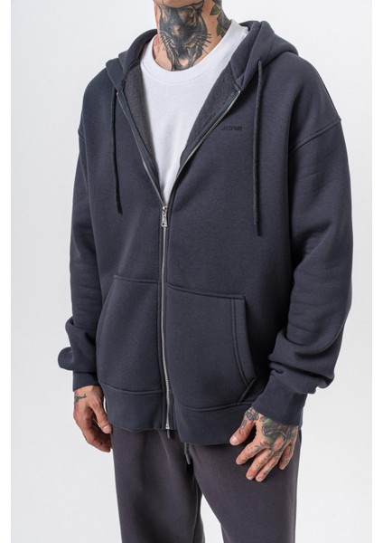 Erkek Respire Yazı Detaylı Kapüşonlu Basic Zip Oversize Hoodie Füme indirimleri