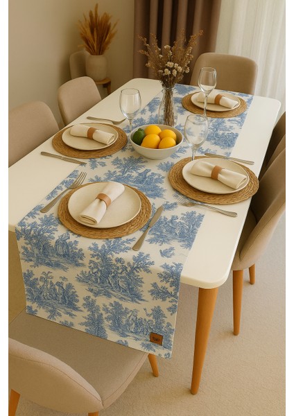 French Village Runner Fransız Köylü Desenli Vintage Masa Örtüsü 45X120 cm %100 Keten Dekoratif