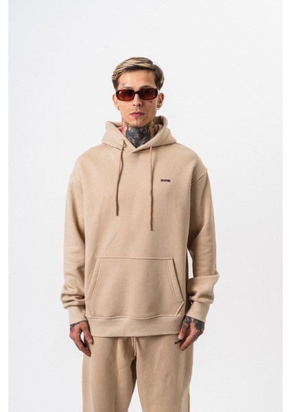 Erkek Respire Yazı Detaylı Kapüşonlu Basic Oversize Hoodie Bej