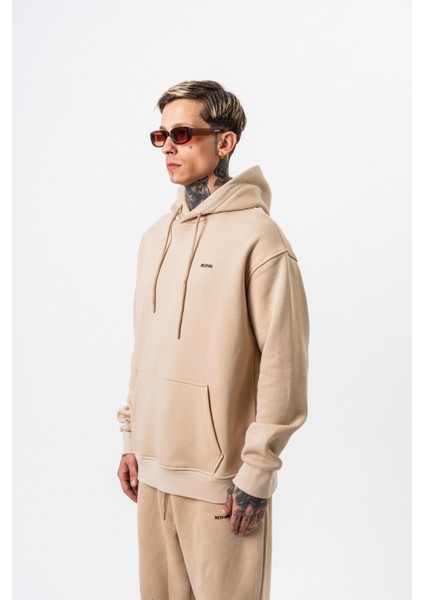 Erkek Respire Yazı Detaylı Kapüşonlu Basic Oversize Hoodie Bej fiyatları