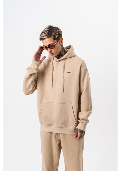 Erkek Respire Yazı Detaylı Kapüşonlu Basic Oversize Hoodie Bej fırsatları