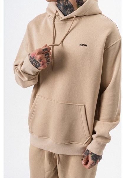 Erkek Respire Yazı Detaylı Kapüşonlu Basic Oversize Hoodie Bej indirimleri