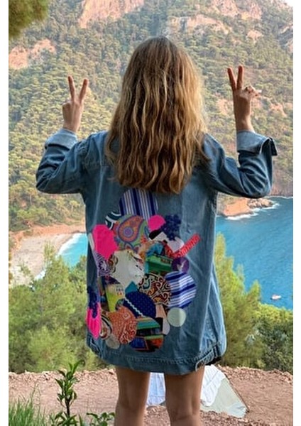 Arkası Yuvarlak Patchwork Detaylı Tasarım Kadın Kot Ceket, Kot Mont