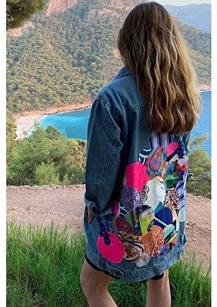 Arkası Yuvarlak Patchwork Detaylı Tasarım Kadın Kot Ceket, Kot Mont modelleri