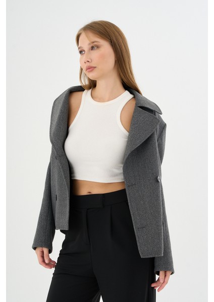Kadın Oversize Kruvaze Kaşe Mont Ceket Gri fiyatları