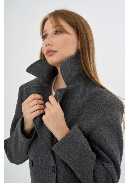 Kadın Oversize Kruvaze Kaşe Mont Ceket Gri indirimleri