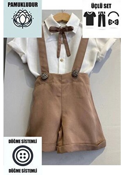 Kahverengi Ekose Düğmeli Kısa Salopet Beyaz Gömlek Takım Pamuklu Çocuk Giyim