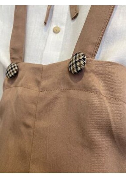 Kahverengi Ekose Düğmeli Kısa Salopet Beyaz Gömlek Takım Pamuklu Çocuk Giyim fiyatları