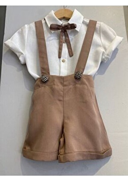 Kahverengi Ekose Düğmeli Kısa Salopet Beyaz Gömlek Takım Pamuklu Çocuk Giyim modelleri