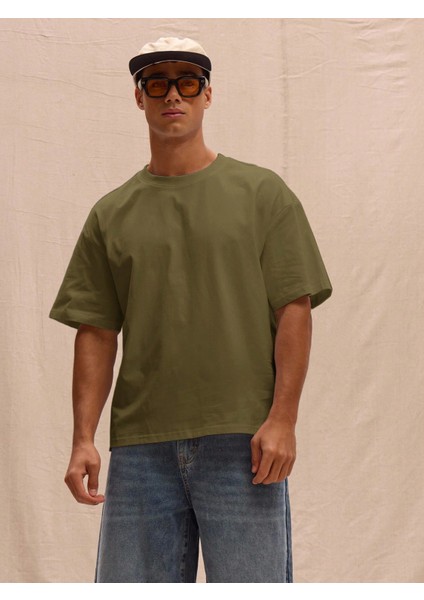 - Erkek Basic Super Pamuklu Oversize Koyu Haki Tişört