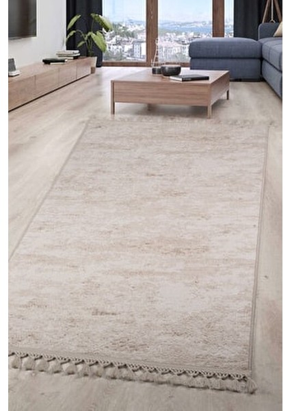 Nova Krem Leke Tutmaz Yıkanabilir Kaymaz Ponpon Saçaklı Yolluk Püsküllü Kesme Koridor Halısı