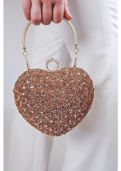 Kadın Broz Bakır Kristal Kalp Abiye Çantası