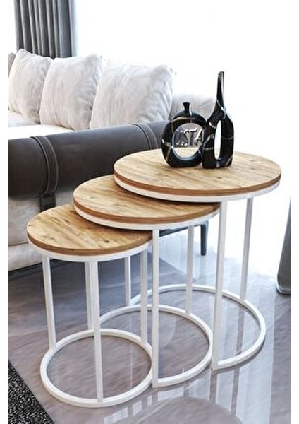 Usta Beyaz Metal C Zigon Antik Çam Ahşap Zigon Sehpa