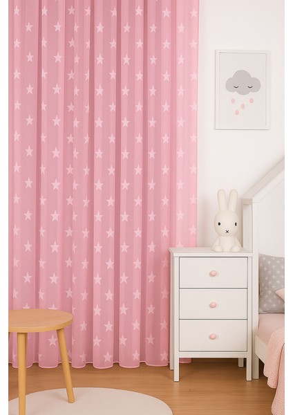 Pembe Yıldızlı Tül Perde, Kız Çocuk Odası, Sık Pile, Düz, Sade, Tül Perde, Kornişli, Pembe