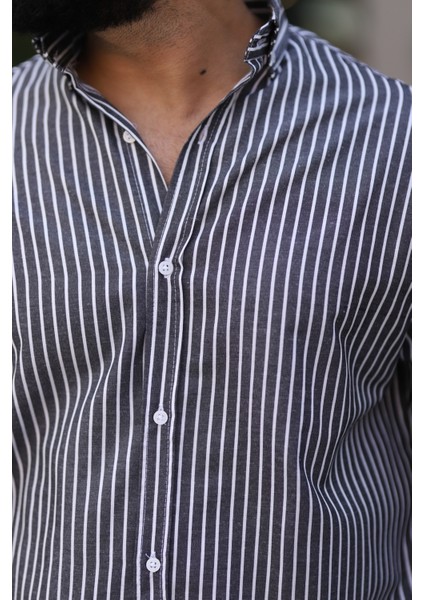 Uzun Kollu Siyah Renk Beyaz Çizgili Yarım Oversize Erkek Gömlek modelleri