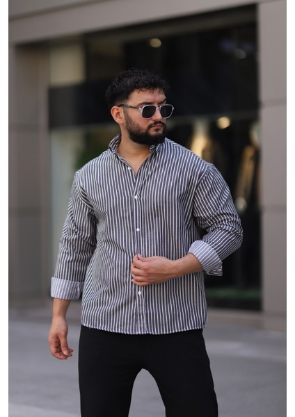 Uzun Kollu Siyah Renk Beyaz Çizgili Yarım Oversize Erkek Gömlek